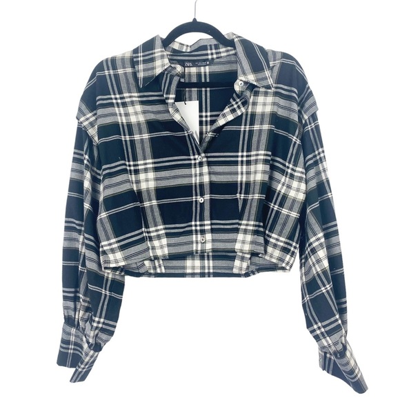 NWT Zara Cropped Plaid Flannel Shirt Crop Top Oversized Button Up Long Sleeve L - Picture 4 of 13